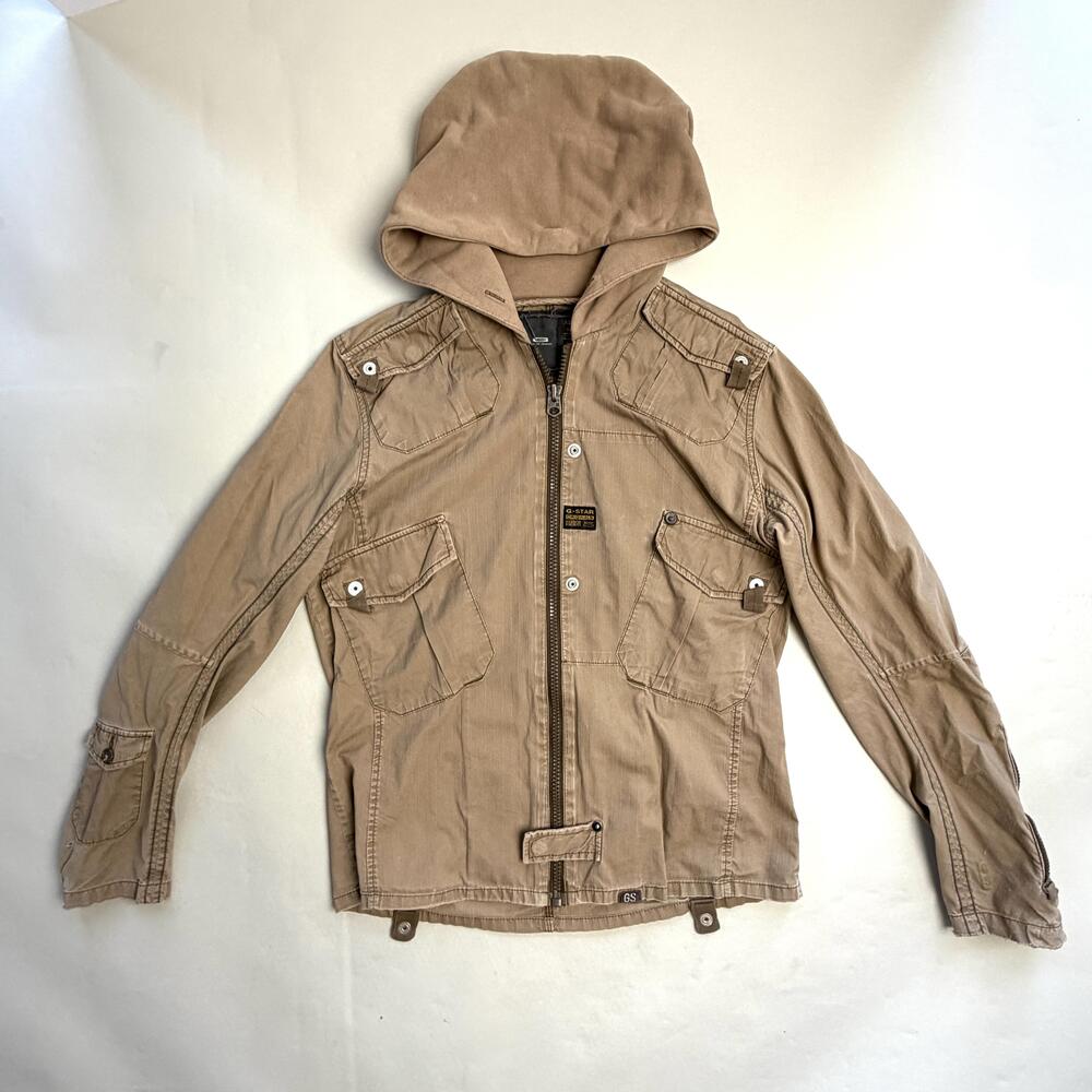 G-Star Raw Field Jacket Womens XL Beige Navigator Hooded Canvas Military